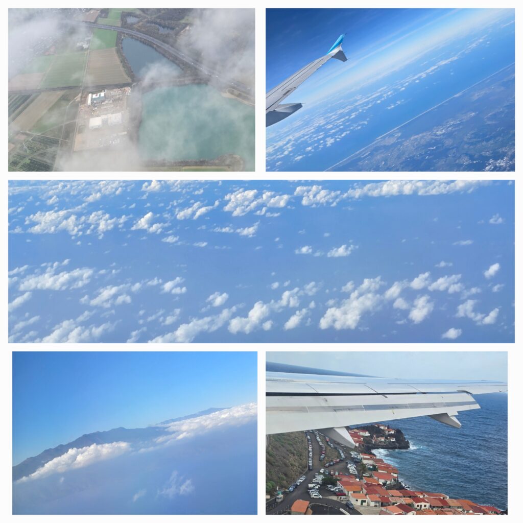 Bilder aus dem Flugzeug. Felder. Wolken. La Palma aus der Ferne oberhalb der Wolken herausragend, dann la Palma unter dem Flügelschlag