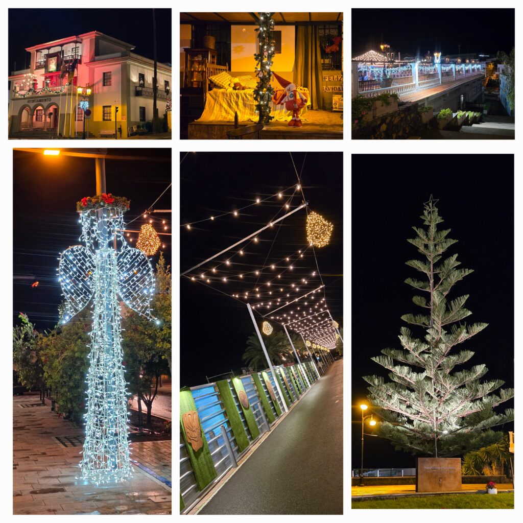 Eindrücke von der verwaisten Weihnachtsveranstaltung in El Paso (La Palma) mit Weihnachtsbett, was auch immer das soll, Girlanden, Engel und Araukarie